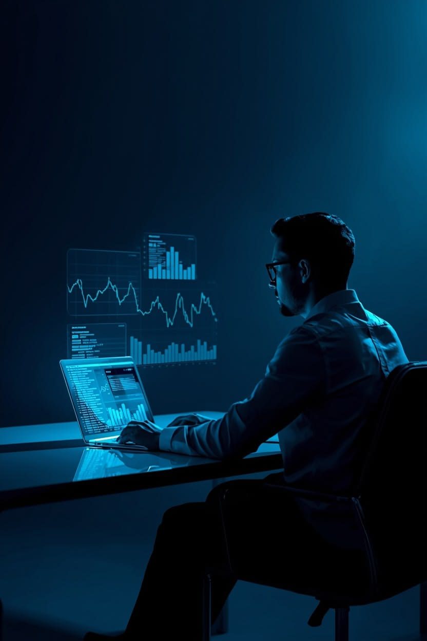 Analyst working at a laptop surrounded by glowing data visualisations