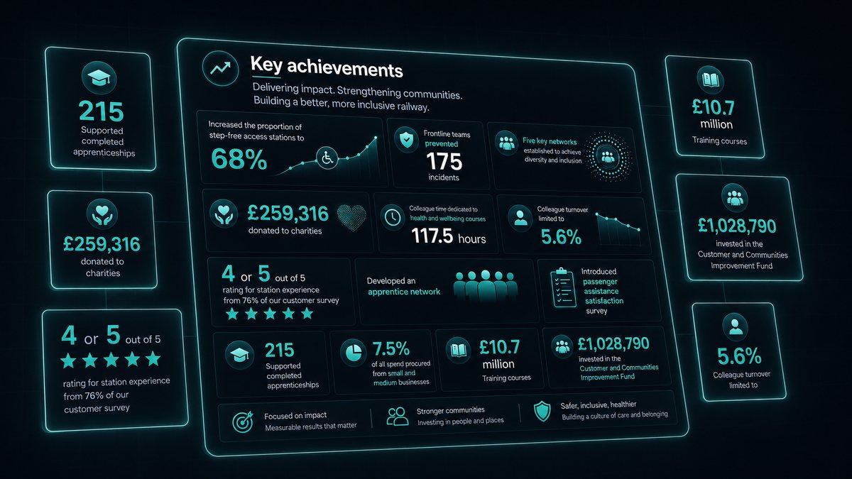 Key achievements dashboard showing impact metrics, KPIs and trend charts