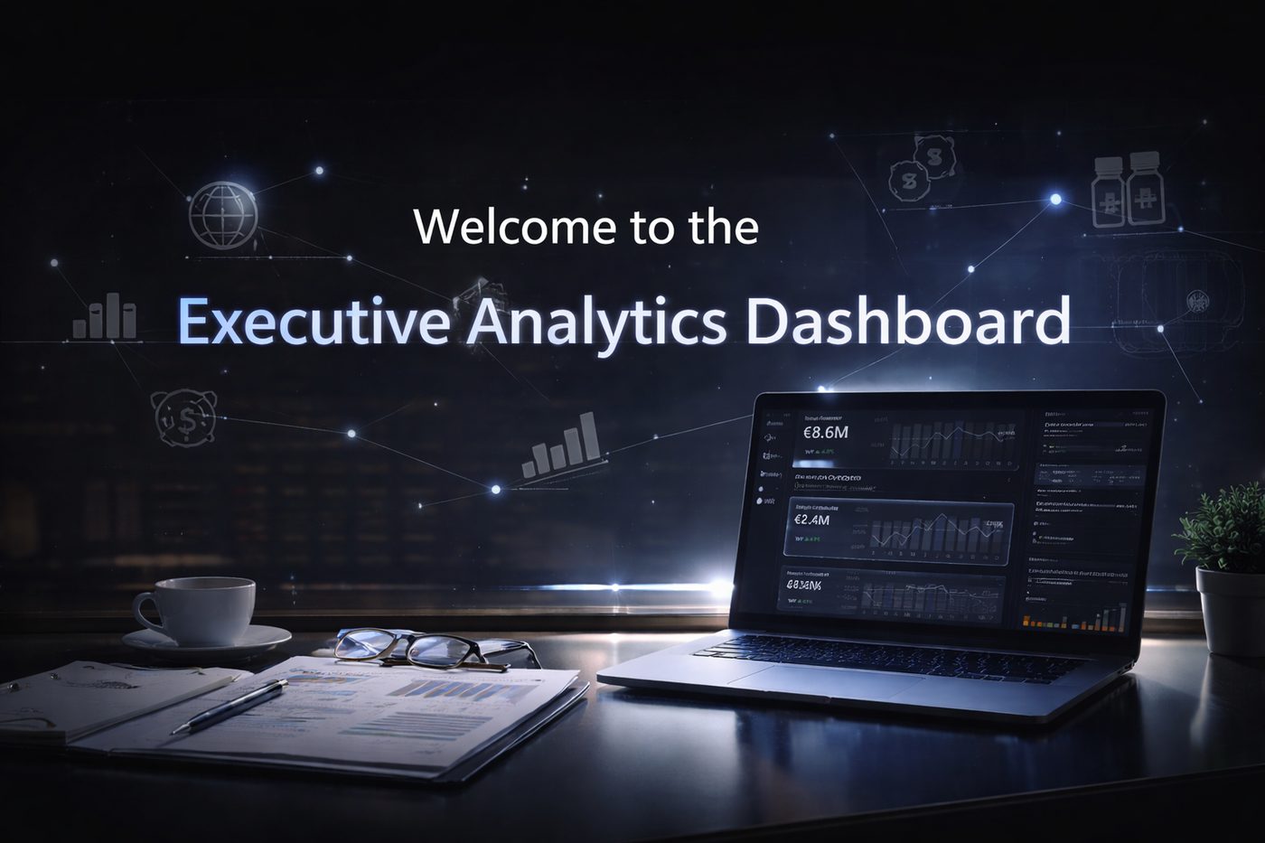 Executive analytics dashboard for global pharmacy sales, shown on a laptop